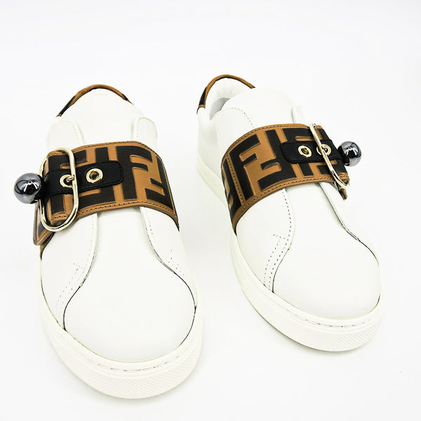 fendi pearland leather sneakers with ff strap