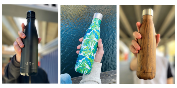 3 genanvendelige vandflasker i rustfri stål fra danske Miin Bottle