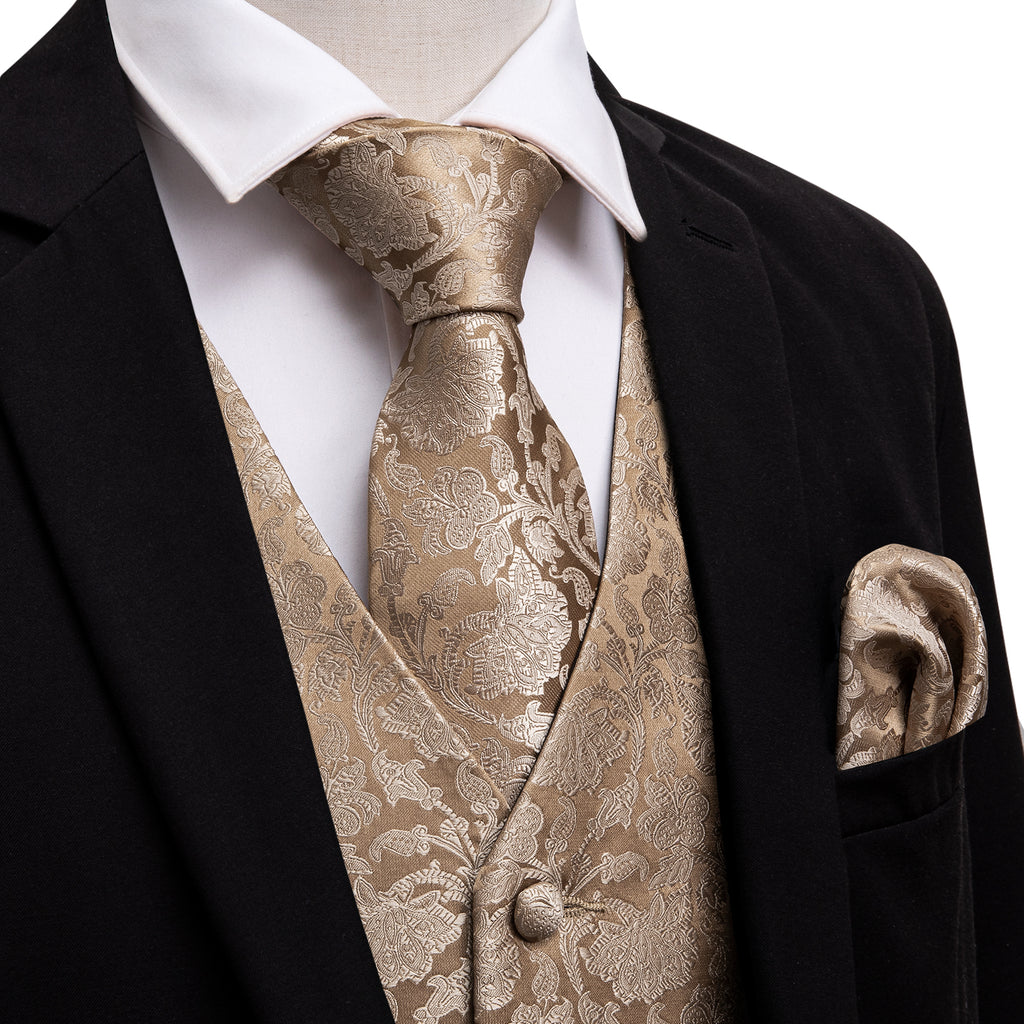nieuwigheid Streng Parelachtig Men's Champagne Gold Floral Silk Vest Necktie Pocket square Cufflinks –  BarryWang