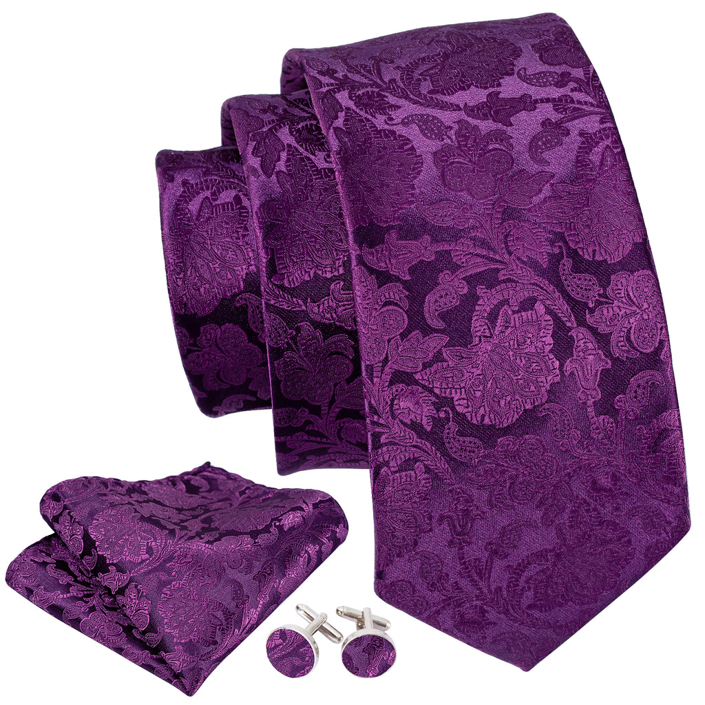 Luxury Purple Floral Silk 63 Inches Tie Hanky Cufflinks Set Barrywang 0255