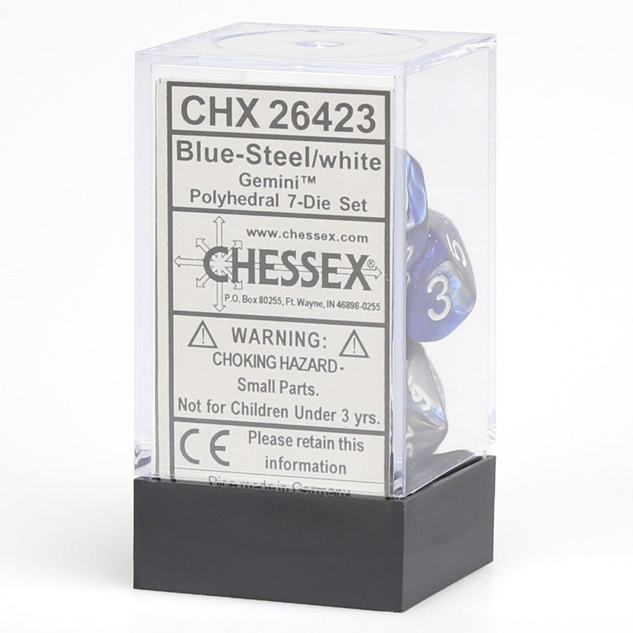Chessex 7 Dice Set Gemini Blue-Steel w/ White CHX 26423 for D&D & D20 