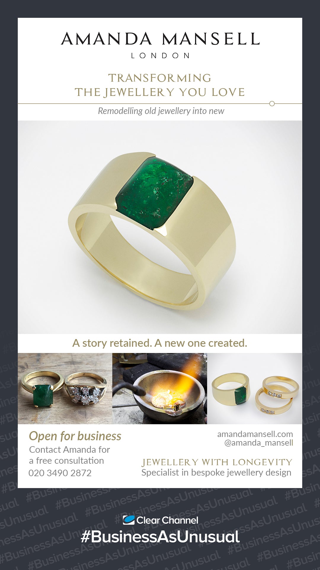 #BusinessAsUsual advert for bespoke jewellery remodelling. Emerald and 18ct yellow gold ring