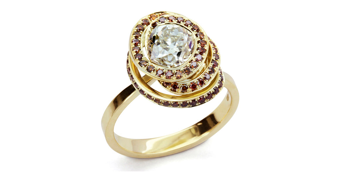 engagement ring - 18ct yellow golds, old cut diamond, cognac diamonds.