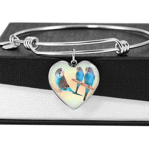 Blue Budgie Parrot Print Heart Pendant Bangle-Free Shipping