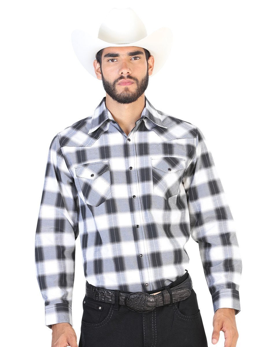 Camisa Vaquera Manga Larga para Hombre, 55% Cotton, 45% Polyester 'El General' - ID: GRIS/NEGRO - BELLEZA'S