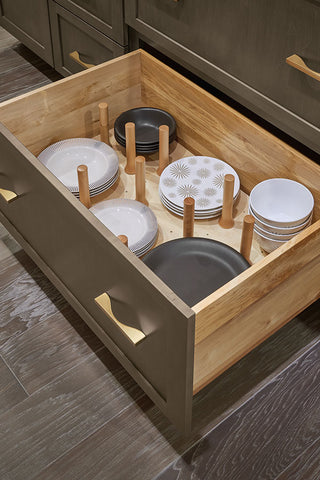 drawer base with peg organizer for plates