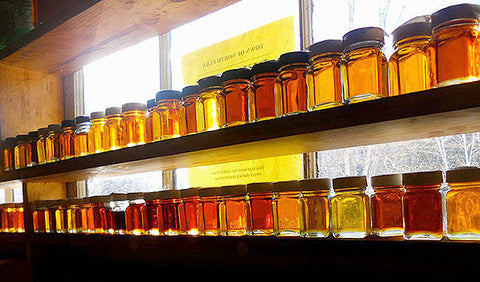 Rows of jars filled with Maple Syrup