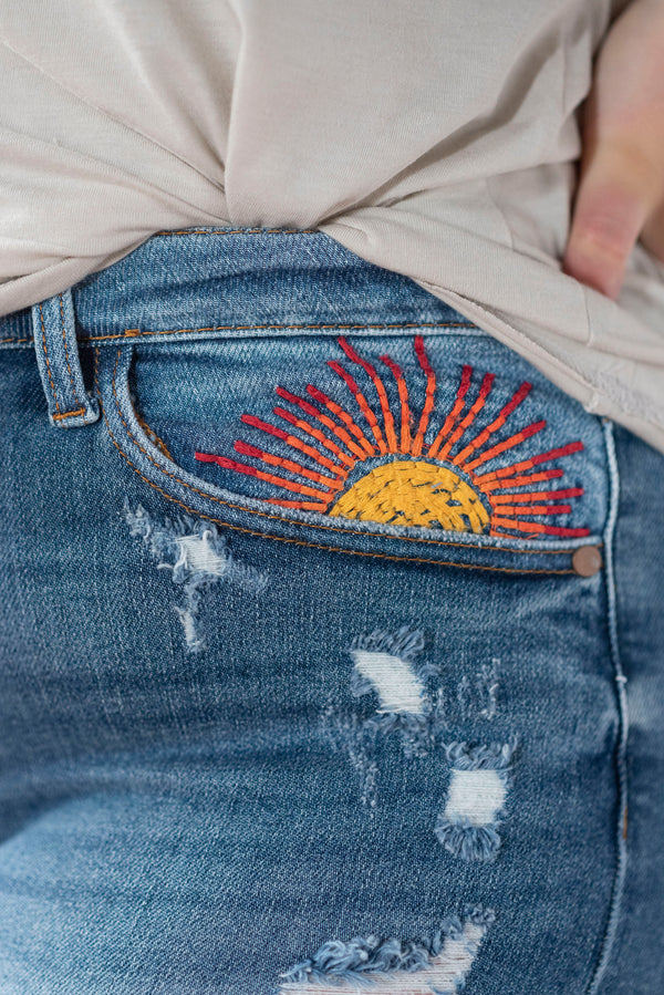 Judy Blue High-Rise Sun Embroidery Cut Off Shorts