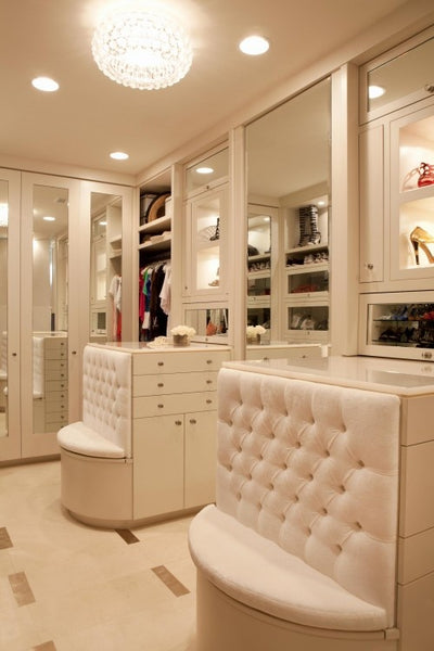 built-in tufted closet seating