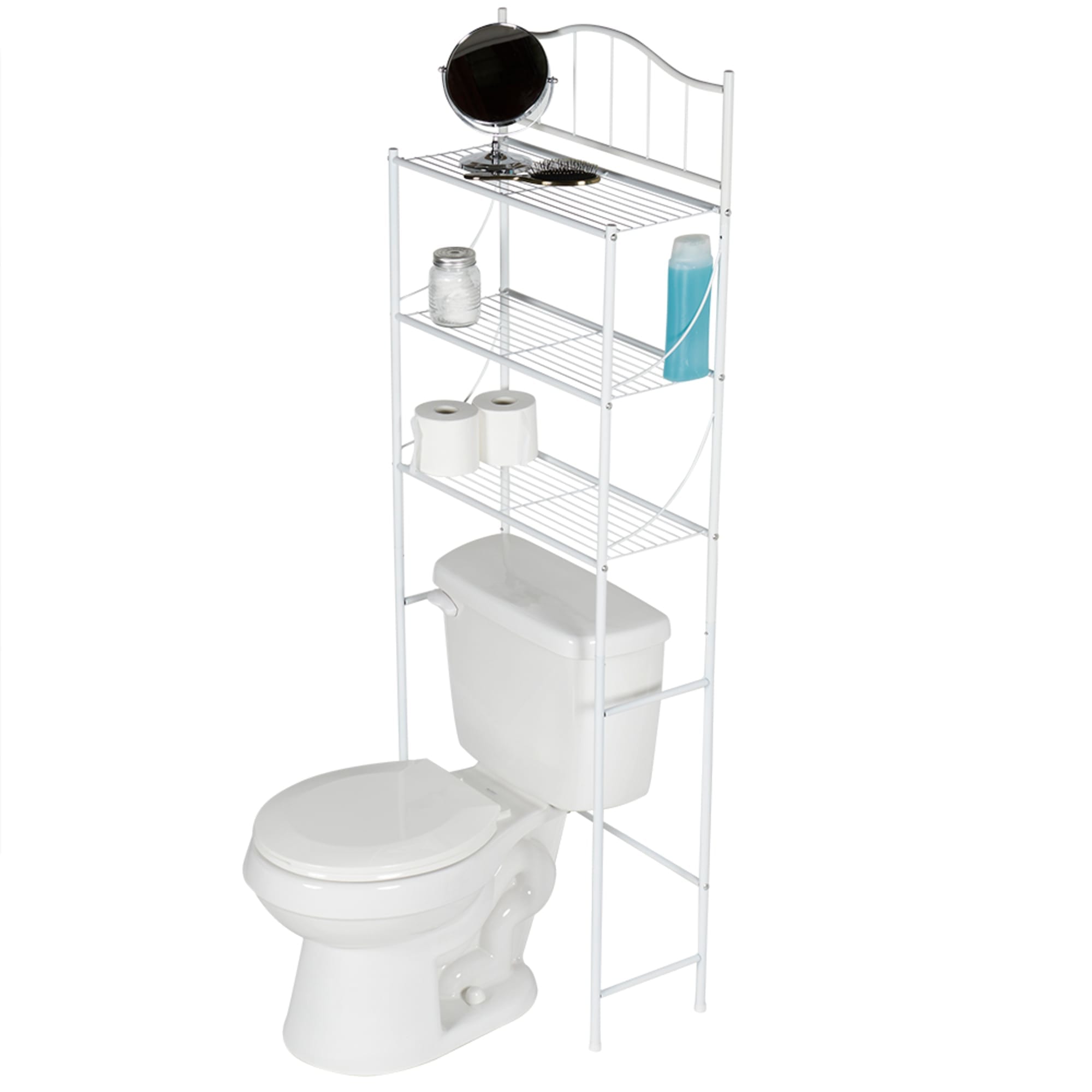 silver bathroom shelves over toilet