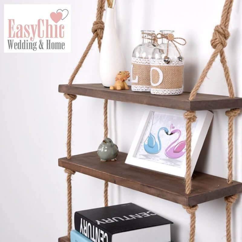 Rustic Solid Wood Rope Hanging Wall Shelf Country Vintage Storage Floating Shelf 