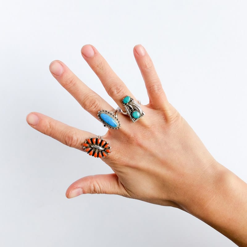 Silver rings with turquoise and coral