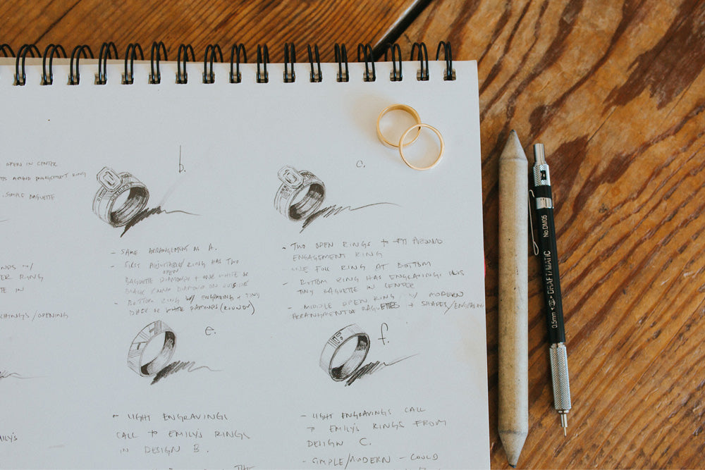 Jewelry sketches in Betsy Cross' notebook