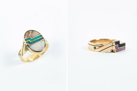 A pair of custom-made betsy & iya inlay rings, featuring geometric slices of rhodonite, chrysocolla, and willow jasper stones and black diamond accents. Hand-crafted in Portland, Oregon.