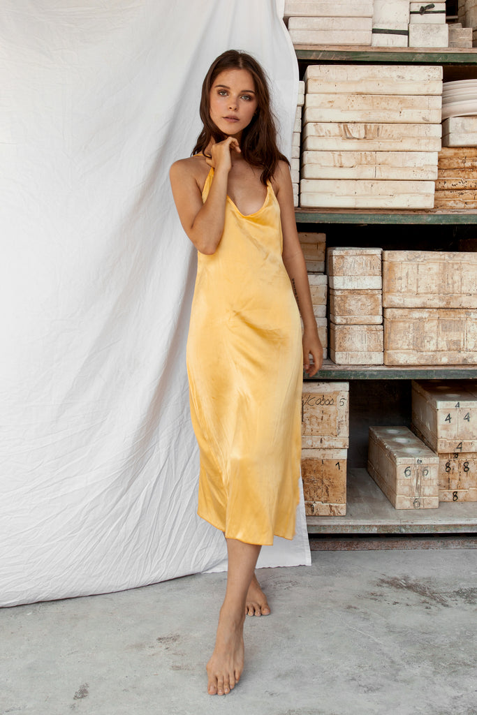 pale yellow silk dress