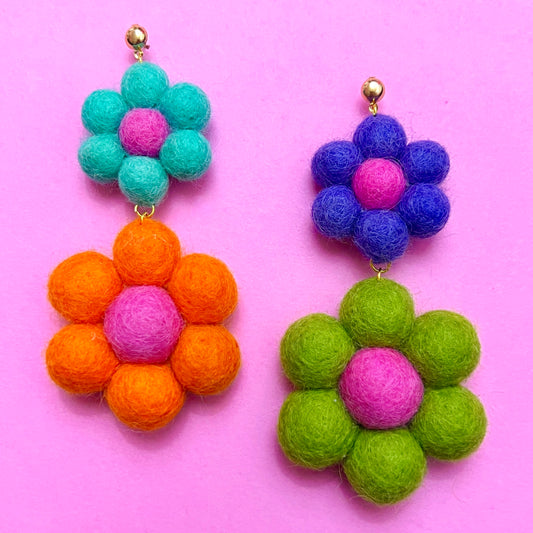 Large Multicolor Double Flower Wool Felt Drop Earrings