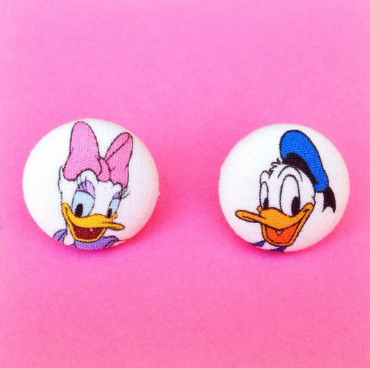 Duck Couple Fabric Button Earrings