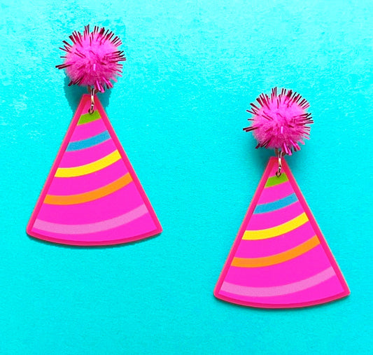 Pink Striped Pom Pom Party Hat Acrylic Drop Earrings