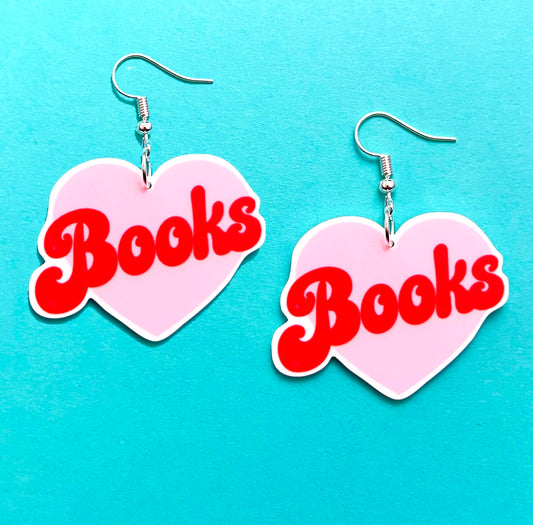 Pink Retro Book Heart Acrylic Drop Earrings