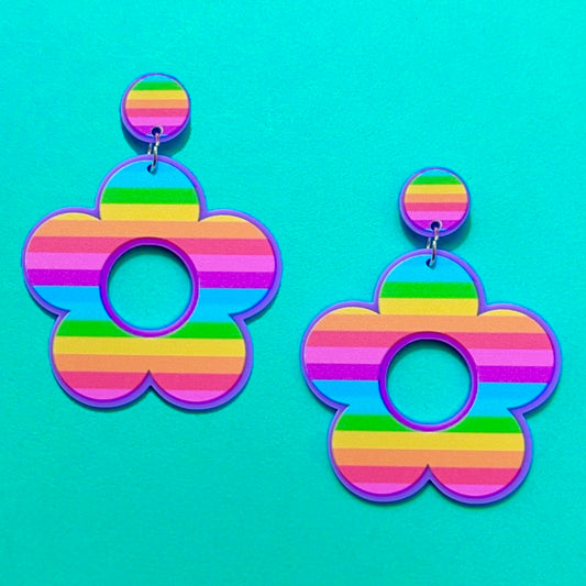 Pastel Rainbow Stripe Retro Flower Acrylic Drop Earrings