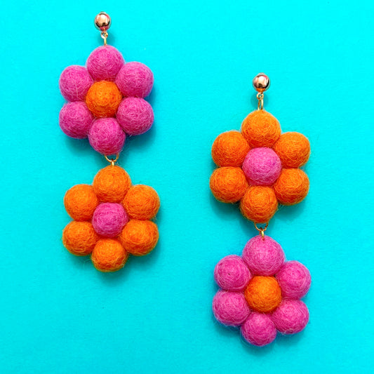 Hot Pink & Orange Double Flower Wool Felt Drop Earrings