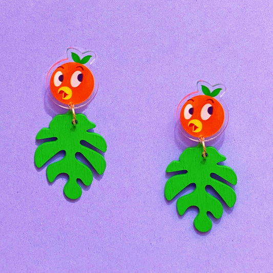 Orange Bird Monstera Leaf Drop Earrings