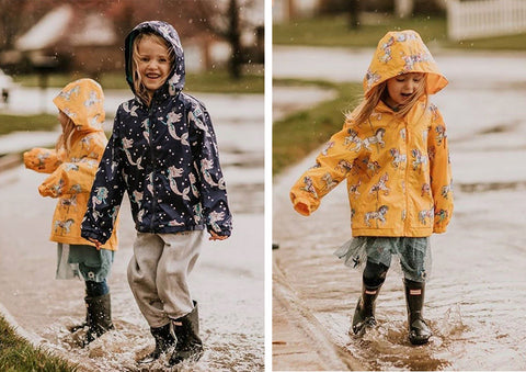 Holly and Beau rainwear worn puddle jumping