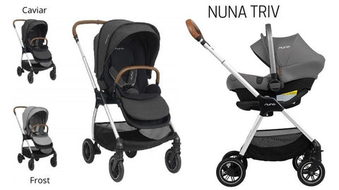 Nuna Triv stroller in Caviar and Frost. One is configured with the toddler seat and the other has an infant car seat attached.