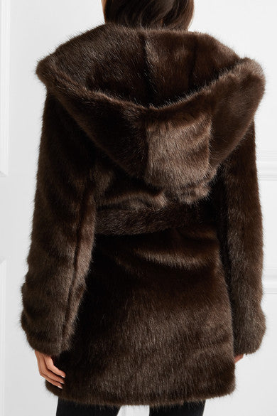 brown faux fur coat with hood