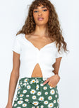 Crop top Slim fitting Princess Polly Exclusive 50% viscose 28% polyester 22% nylon Ribbed material Wide neckline Button front fastening Cap sleeves