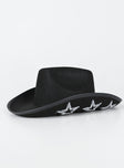 Cowboy hat Faux felt material Adjustable chin strap Semi-stiff brim OSFM