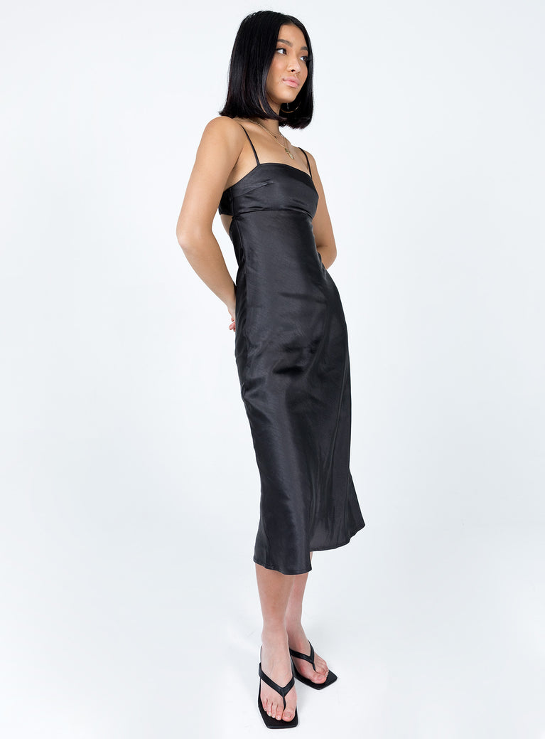 Midi dress Silky material Delicate material - wear with care Adjustable shoulder strap Hook fastening at back Low back