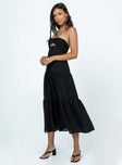 Maxi dress Removable & adjustable shoulder straps Inner silicone strip at bust Twisted bust Cut out midriff Shirred back Zip fastening at back Tiered skirt