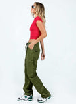 Cargo pants Low rise Belt looped waist Zip & button fastening Drawstring at waist Four classic pockets Cargo style leg pockets Wide leg