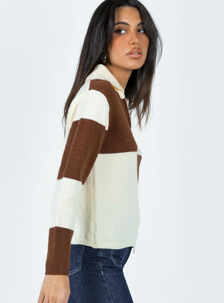 Sweater Soft knit material Colour blocking design Oversized collar Double zip fastening at front Good stretch