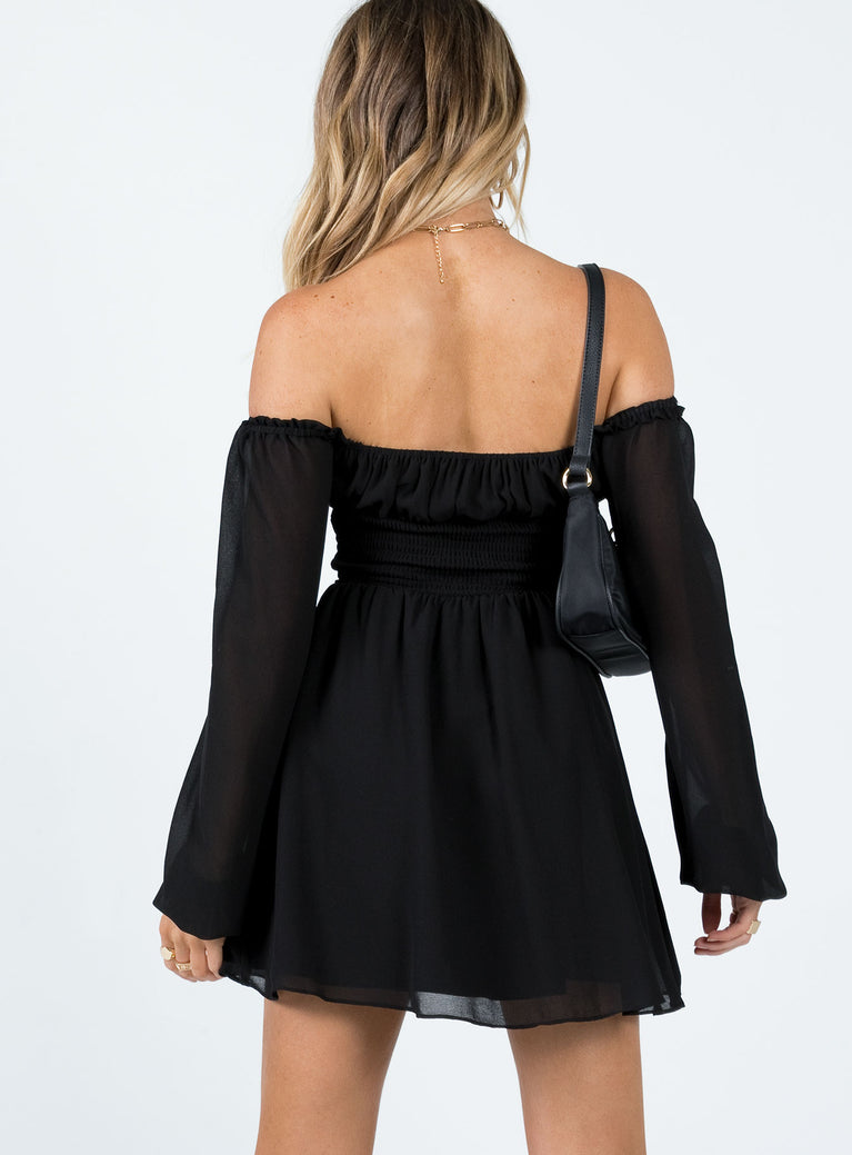 Long sleeve mini dress Elasticated neckline & shoulders Sheer puff sleeves Gathered bust Shirred waistband