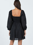 Long sleeve mini dress Elasticated shoulders Puff sleeves Can be worn on or off the shoulder Ruffle neckline Shirred top Lined skirt
