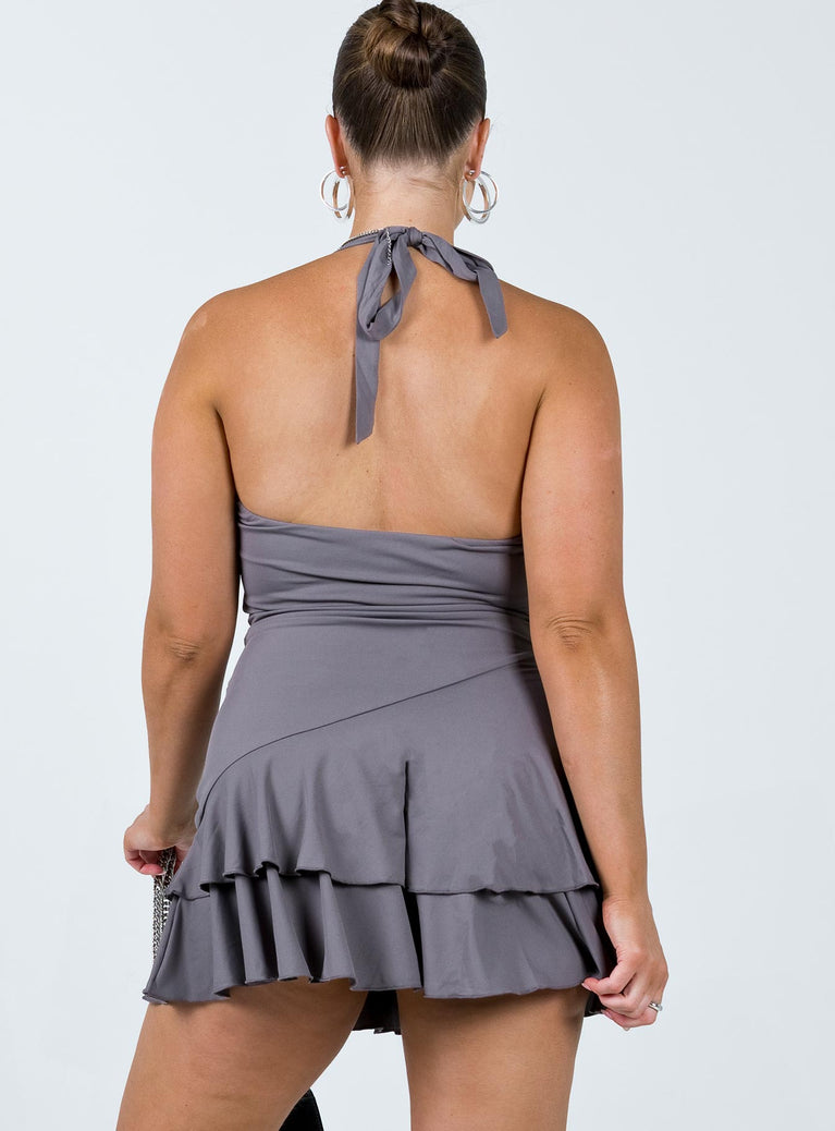 Mini dress Halter neck with tie fastening Cowl neck Asymmetrical layered hem Good stretch