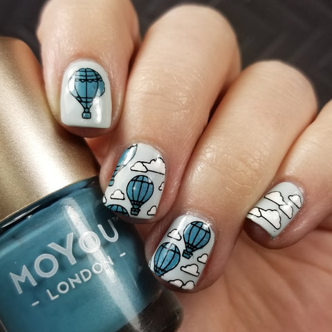 Hot air balloon nail art stamping using MoYou London Scandi Collection 02. Available in the US at www.beautometry.com.