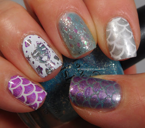 Mermaid Manicure by Lacquer or Leave Her using MoYou London Festive 02 nail stamping plate.