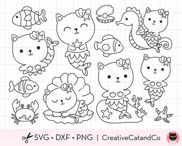 Cat Mermaid and Fish Outline for Coloring SVG | CreativeCatandCo