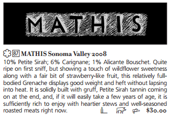 Review: Connoisseurs Guide to California Wines, July 2013, Review of 2008 Mathis Grenache