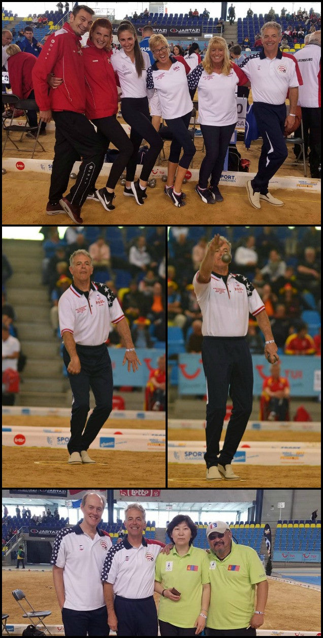 Collage of Peter Mathis and friends playing in Petanque World Championships in Ghent, Belgium
