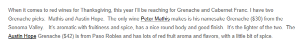 Mary Orlin, Huffington Post, 2008 Mathis Grenache Review excerpt