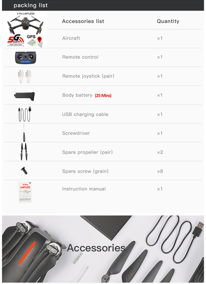 Drone X Pro LIMITLESS  Package Includes Accessories Package Contents