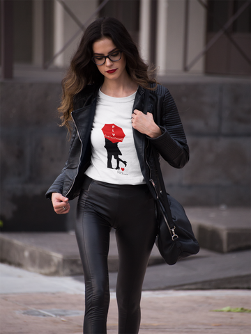 Woman wearing our adorable white Fly Love Woman's Classic Fit Short-Sleeve T-Shirt
