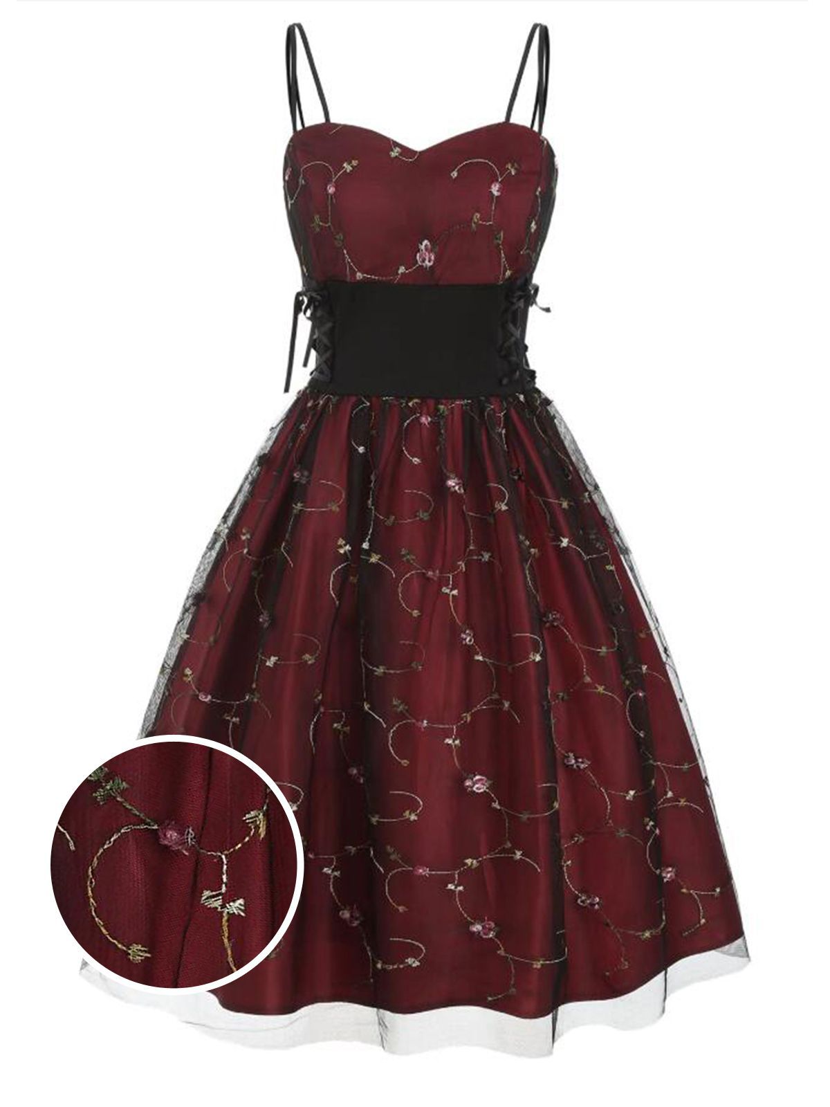 wine red 1950s back lace up dress