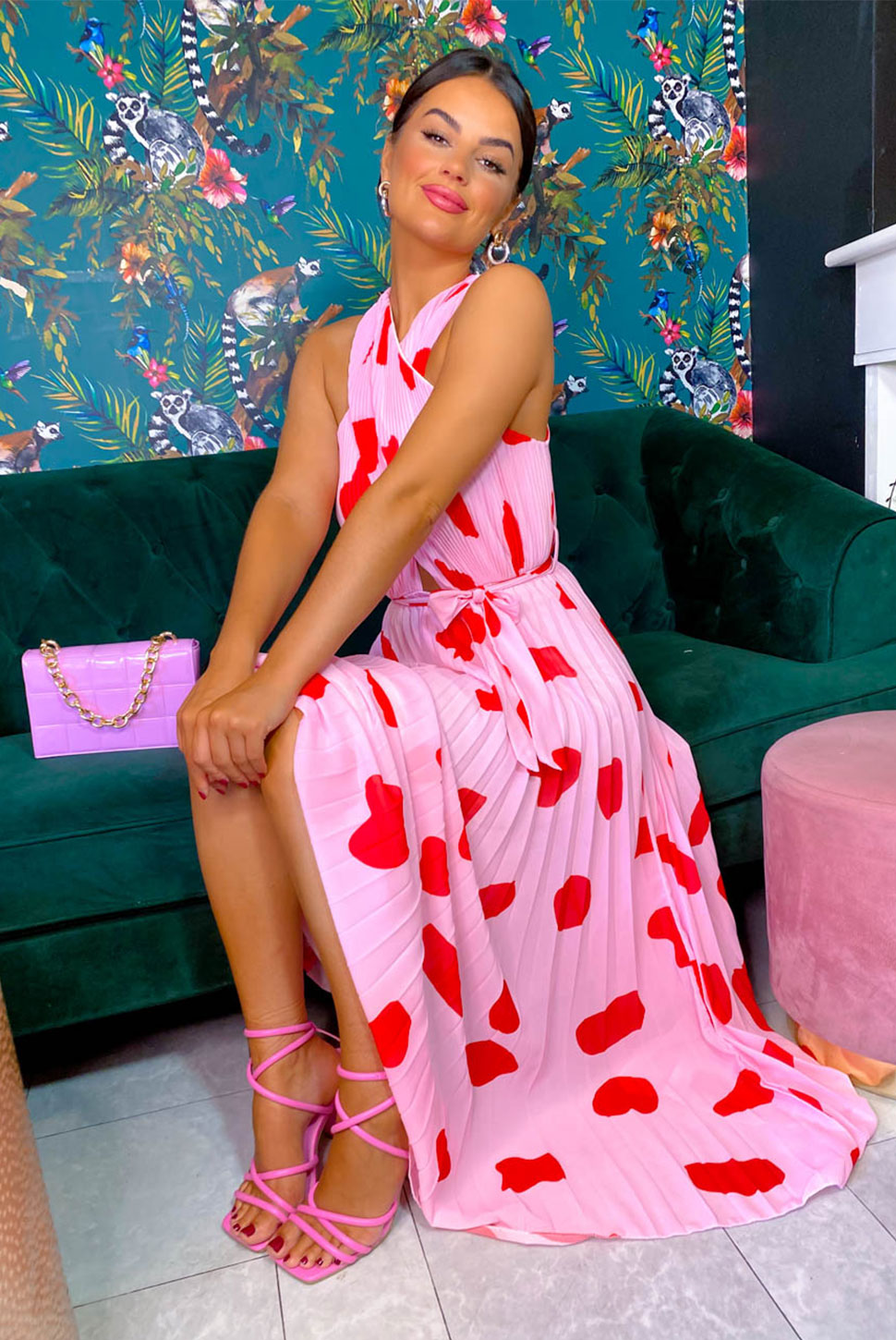 Artemis - Pink Red Print Pleated Maxi Dress–