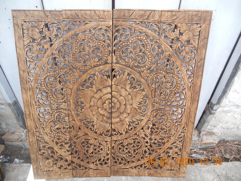 Natural Color Mandala Wood Carved Panel 48 X 48 Inches Wooden Headboa Mandala Handicrafts