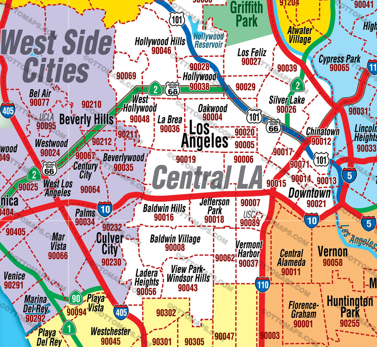 Los Angeles Zip Code Map FULL (County Areas colorized) Otto Maps